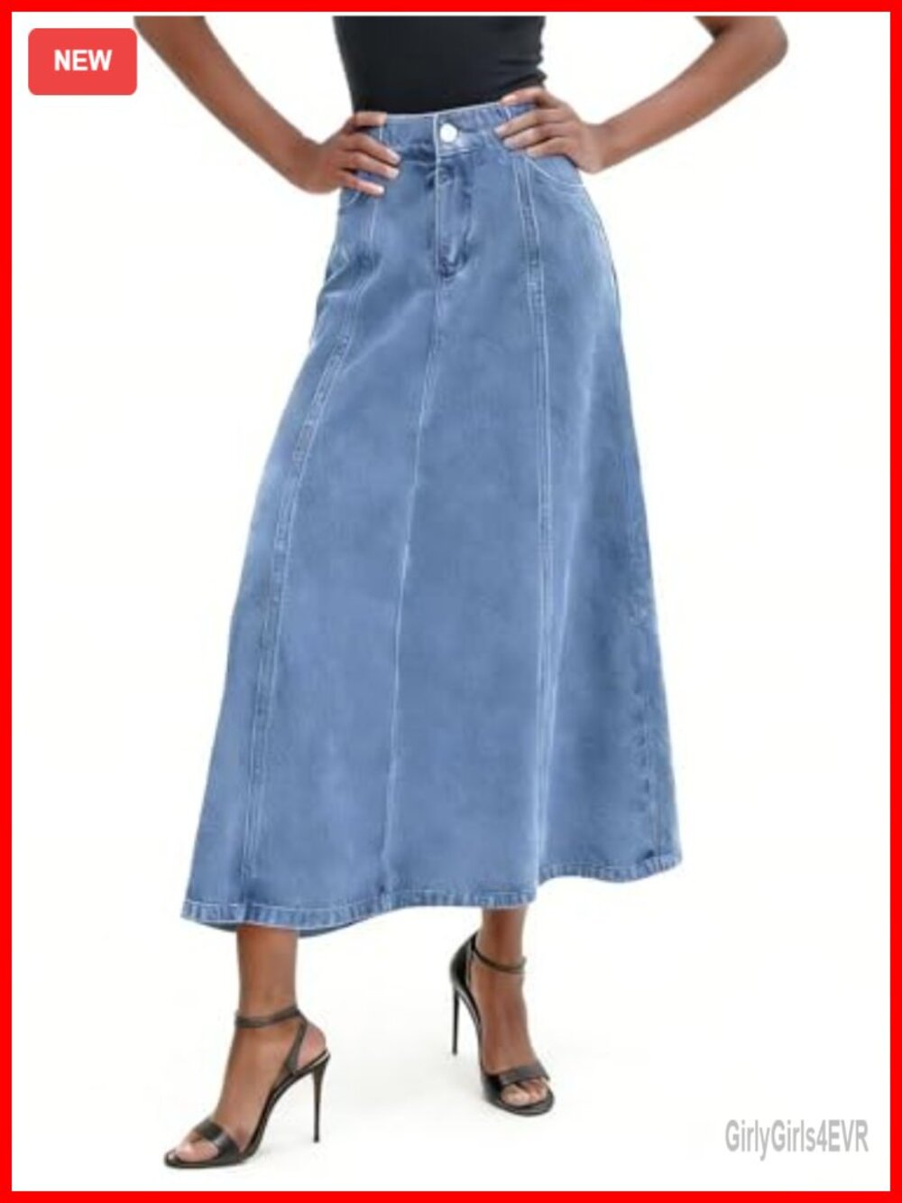High Waisted Denim Maxi Skirt Flowy A-Line Jean Skirt with Pockets